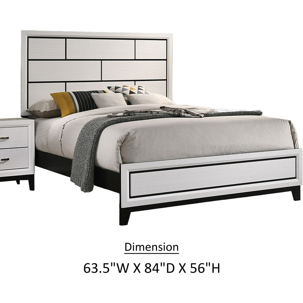 Benjara Erica Queen Size Bed, White And Black Wood Finish, Panel Style Headboard