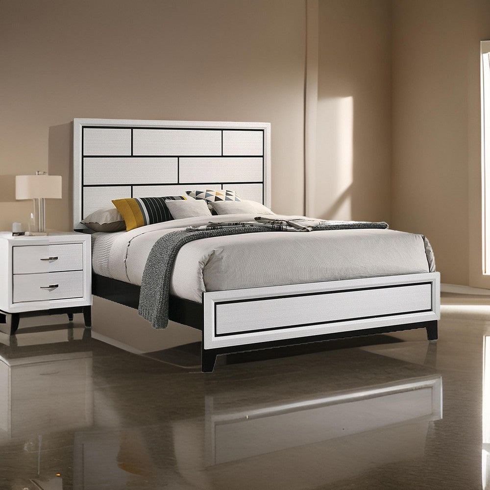 Benjara Erica Queen Size Bed, White And Black Wood Finish, Panel Style Headboard