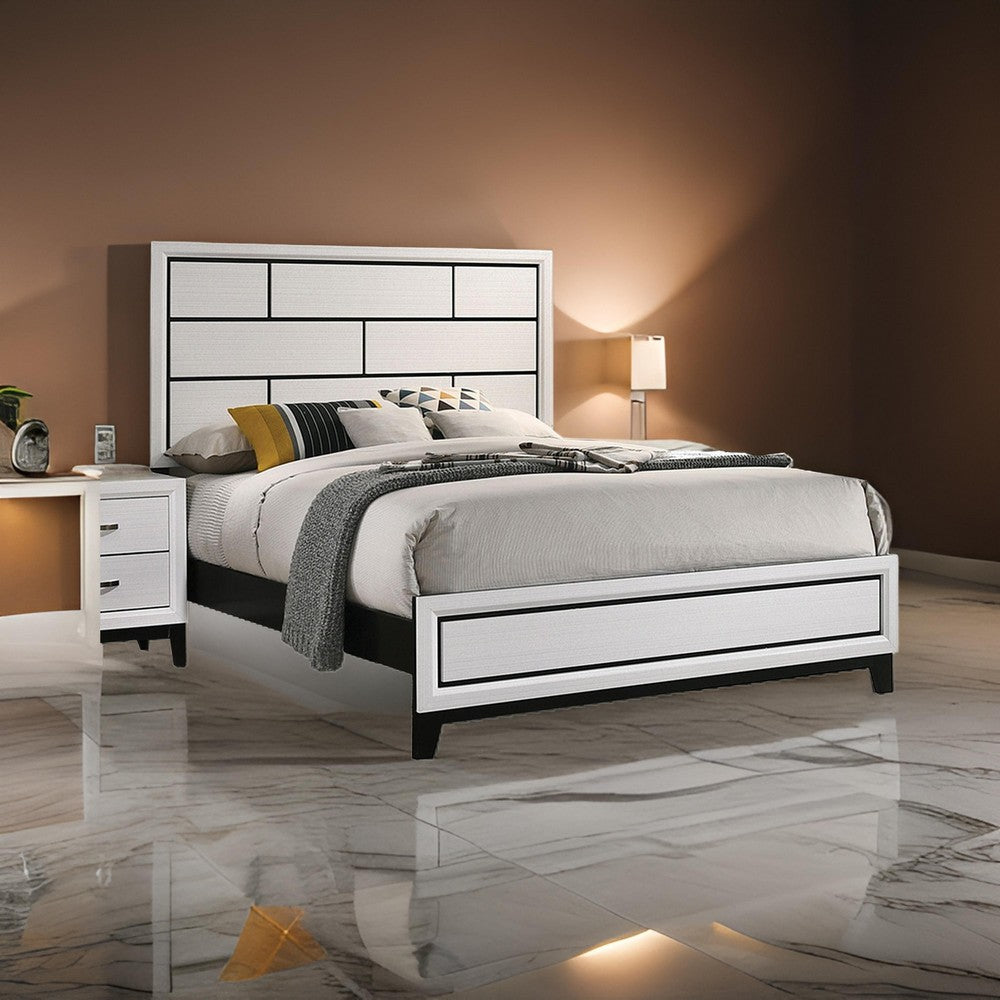 Benjara Erica Twin Size Bed, White And Black Wood Finish, Panel Style Headboard