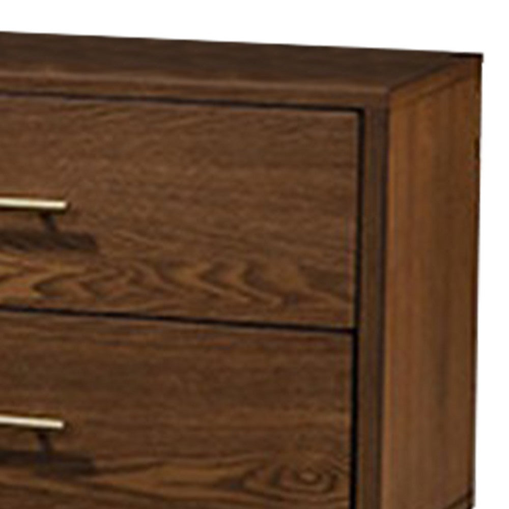 Benjara Roma Nightstand, 2 Drawers, Nickel Bar Handles, Walnut Brown Solid Wood