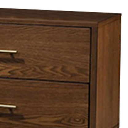 Benjara Roma Nightstand, 2 Drawers, Nickel Bar Handles, Walnut Brown Solid Wood
