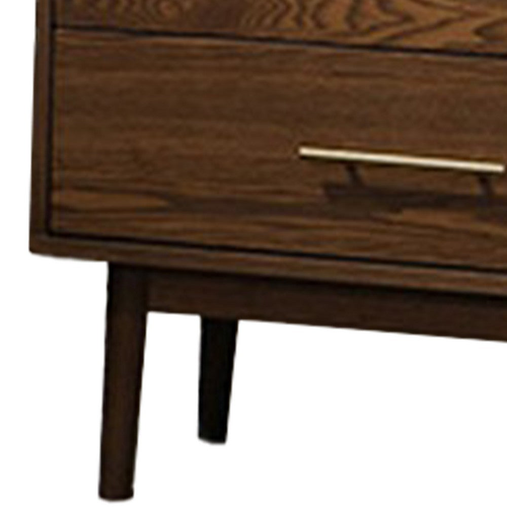 Benjara Roma Nightstand, 2 Drawers, Nickel Bar Handles, Walnut Brown Solid Wood