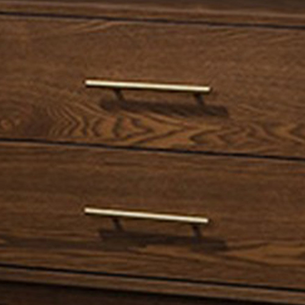 Benjara Roma Nightstand, 2 Drawers, Nickel Bar Handles, Walnut Brown Solid Wood