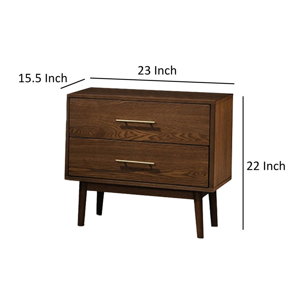 Benjara Roma Nightstand, 2 Drawers, Nickel Bar Handles, Walnut Brown Solid Wood