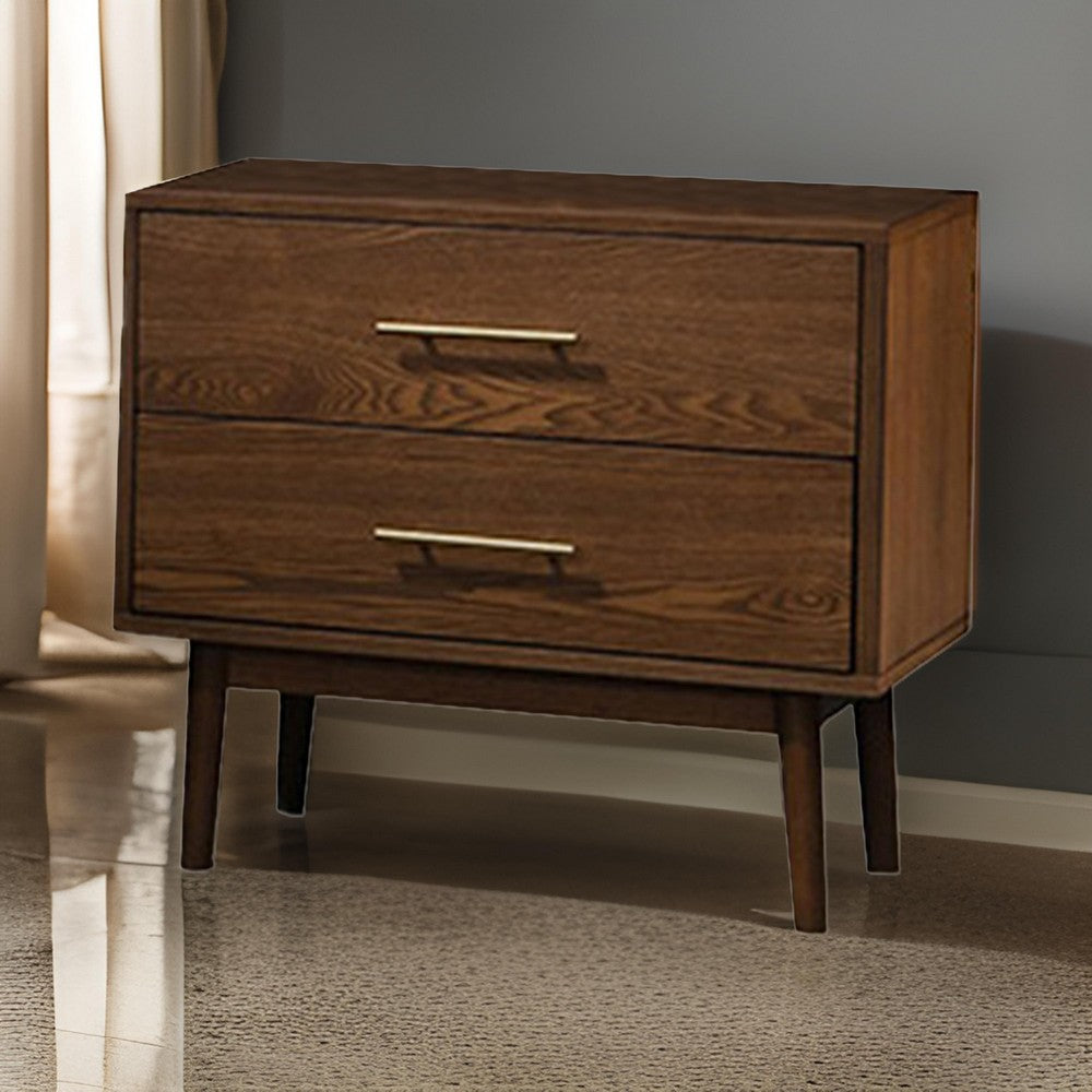 Benjara Roma Nightstand, 2 Drawers, Nickel Bar Handles, Walnut Brown Solid Wood