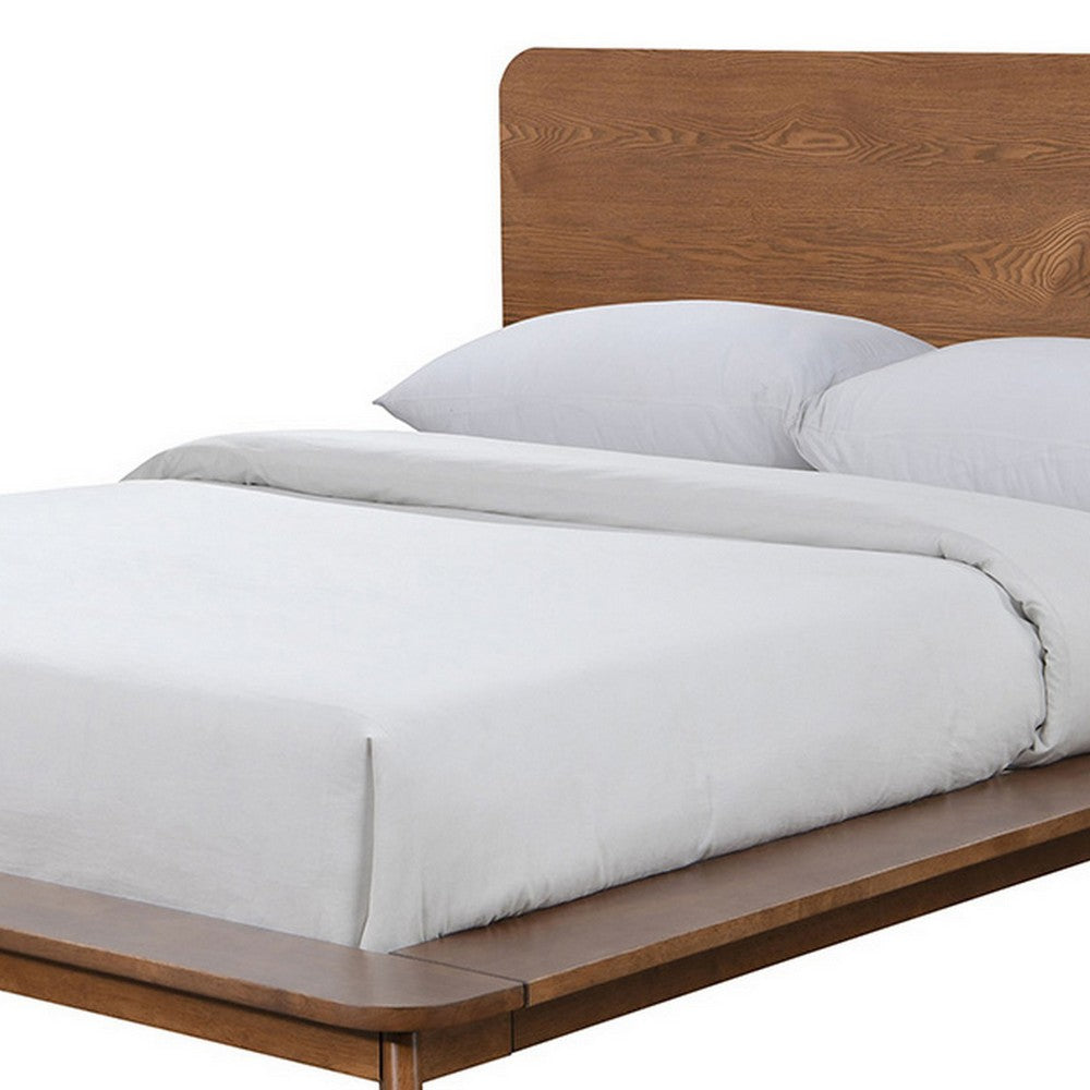 Benjara Stacy Queen Size Platform Bed, Panel Headboard, Walnut Brown Solid Wood
