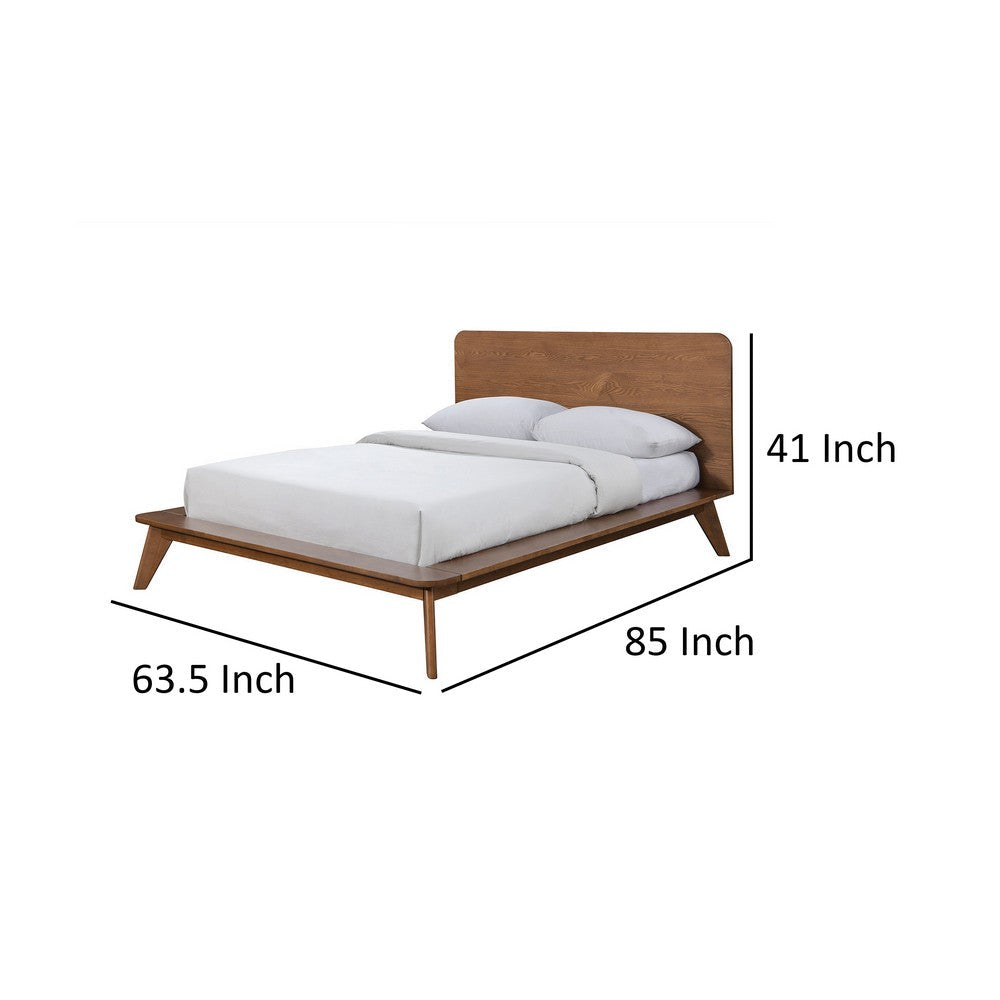 Benjara Stacy Queen Size Platform Bed, Panel Headboard, Walnut Brown Solid Wood