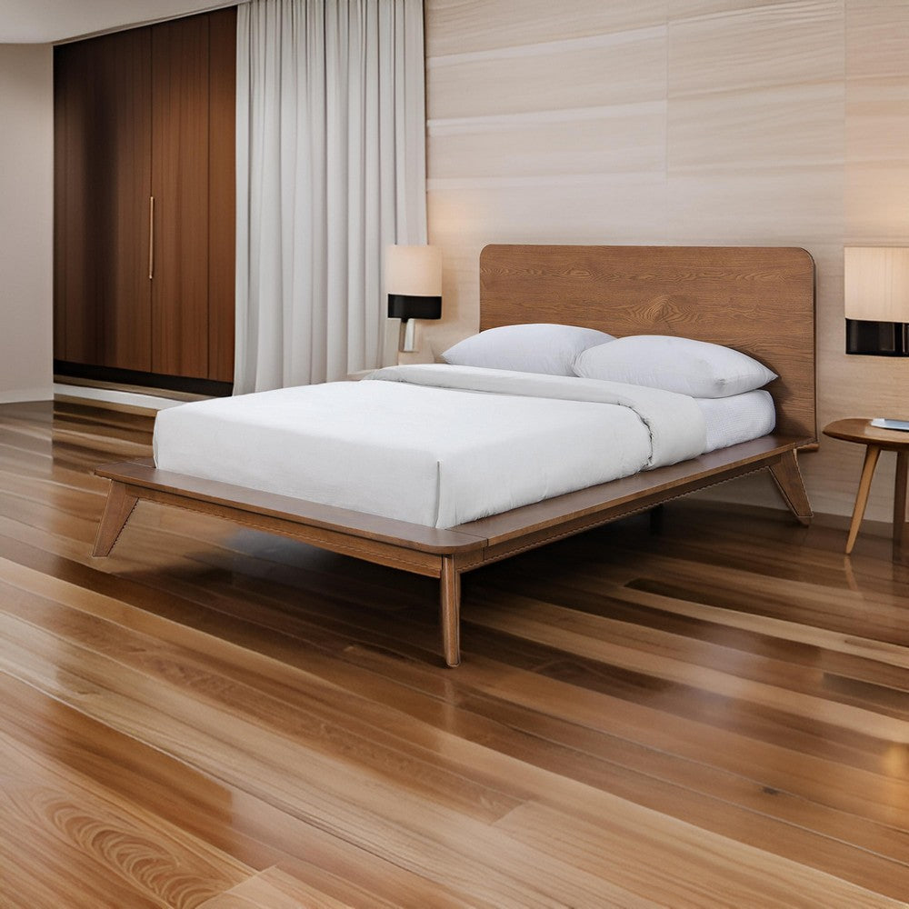 Benjara Stacy Queen Size Platform Bed, Panel Headboard, Walnut Brown Solid Wood
