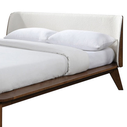 Benjara Linzy Queen Bed, Beige Boucle Upholstered Winged Edge, Brown Solid Wood