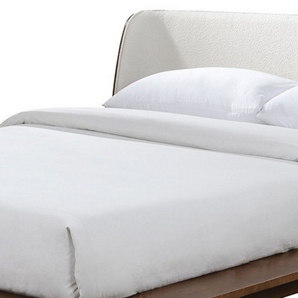 Benjara Linzy Queen Bed, Beige Boucle Upholstered Winged Edge, Brown Solid Wood