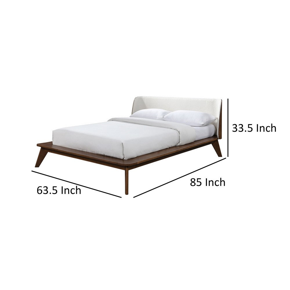 Benjara Linzy Queen Bed, Beige Boucle Upholstered Winged Edge, Brown Solid Wood