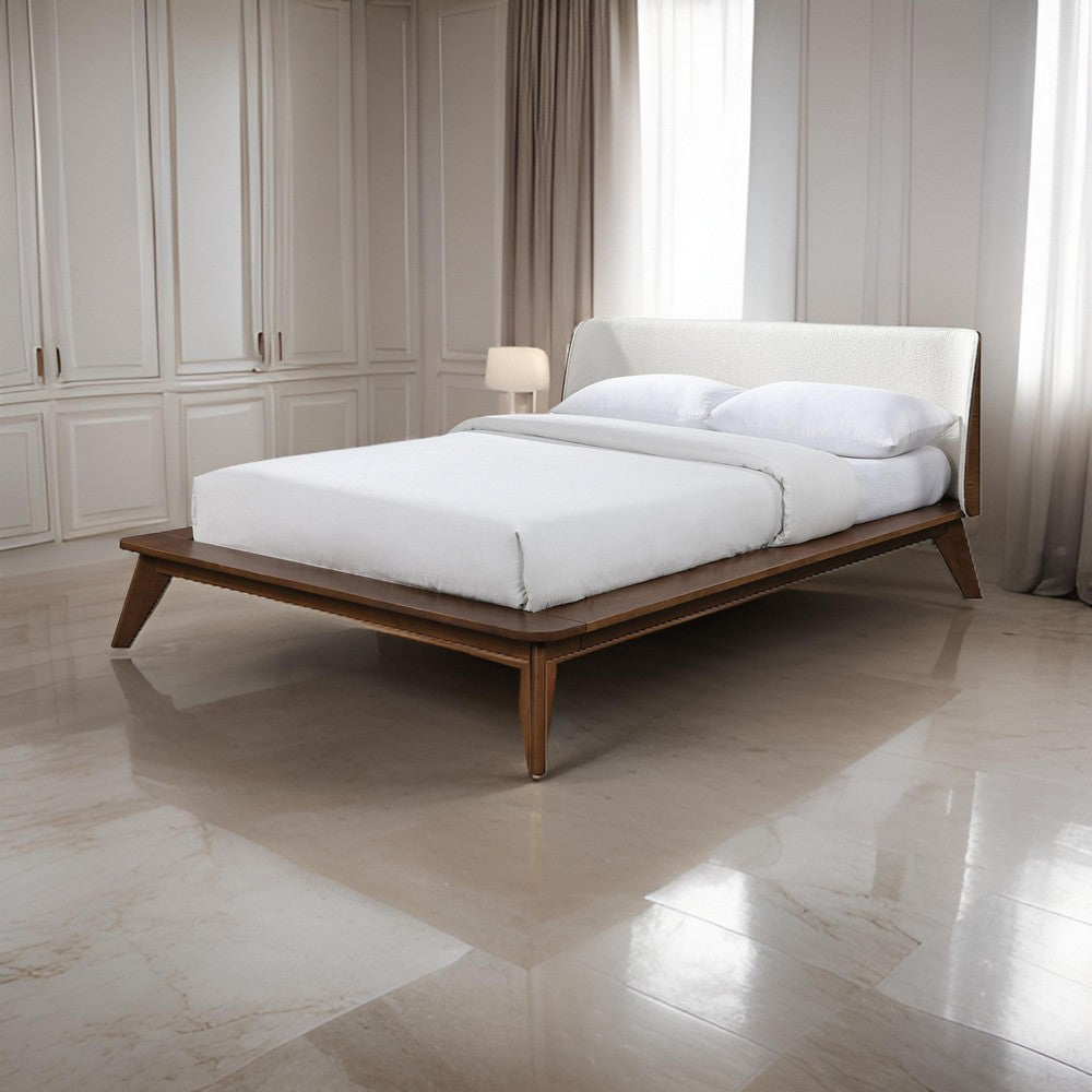 Benjara Linzy Queen Bed, Beige Boucle Upholstered Winged Edge, Brown Solid Wood