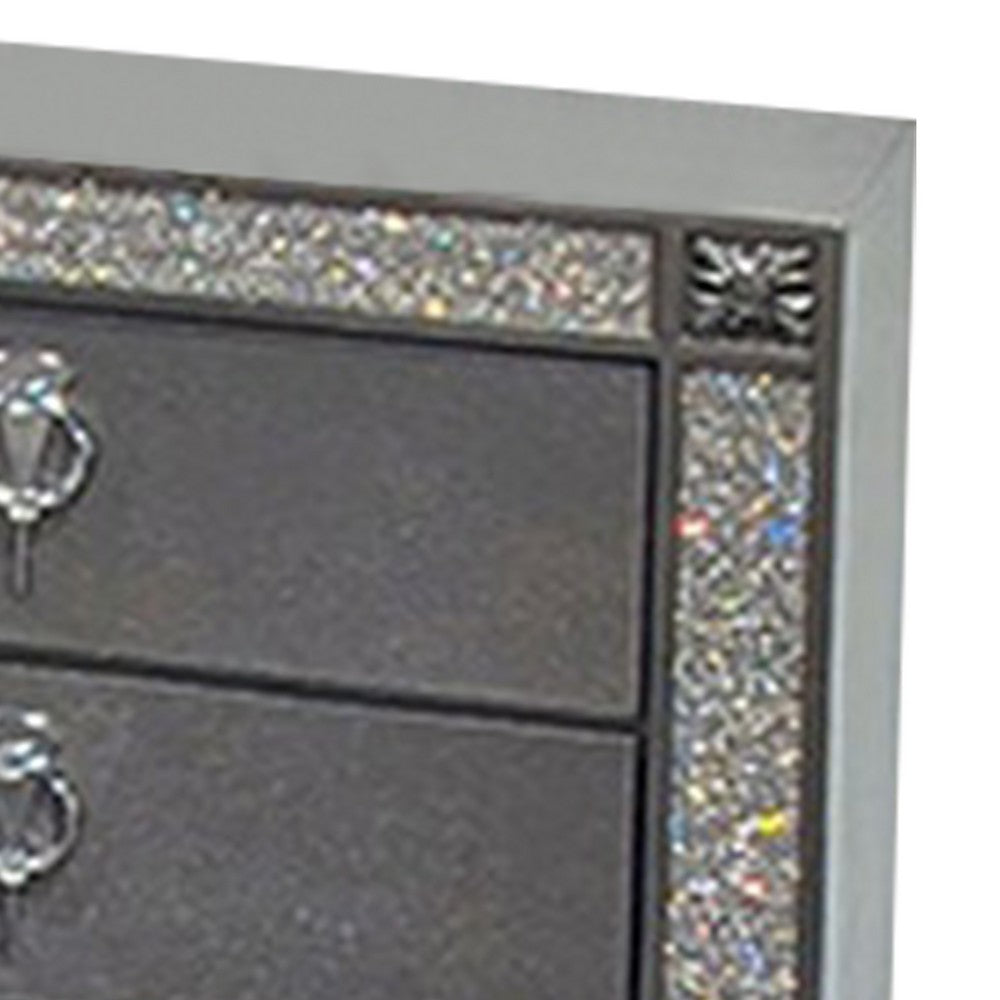 Benjara Laine Nightstand, 2 Drawers, Crystal Like Acrylic Trim, Gray Solid Wood