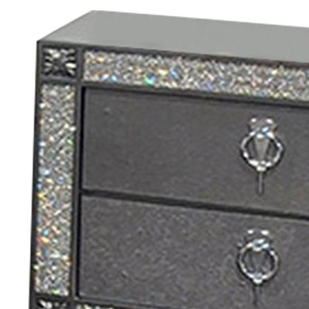 Benjara Laine Nightstand, 2 Drawers, Crystal Like Acrylic Trim, Gray Solid Wood