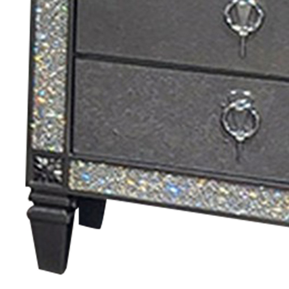 Benjara Laine Nightstand, 2 Drawers, Crystal Like Acrylic Trim, Gray Solid Wood