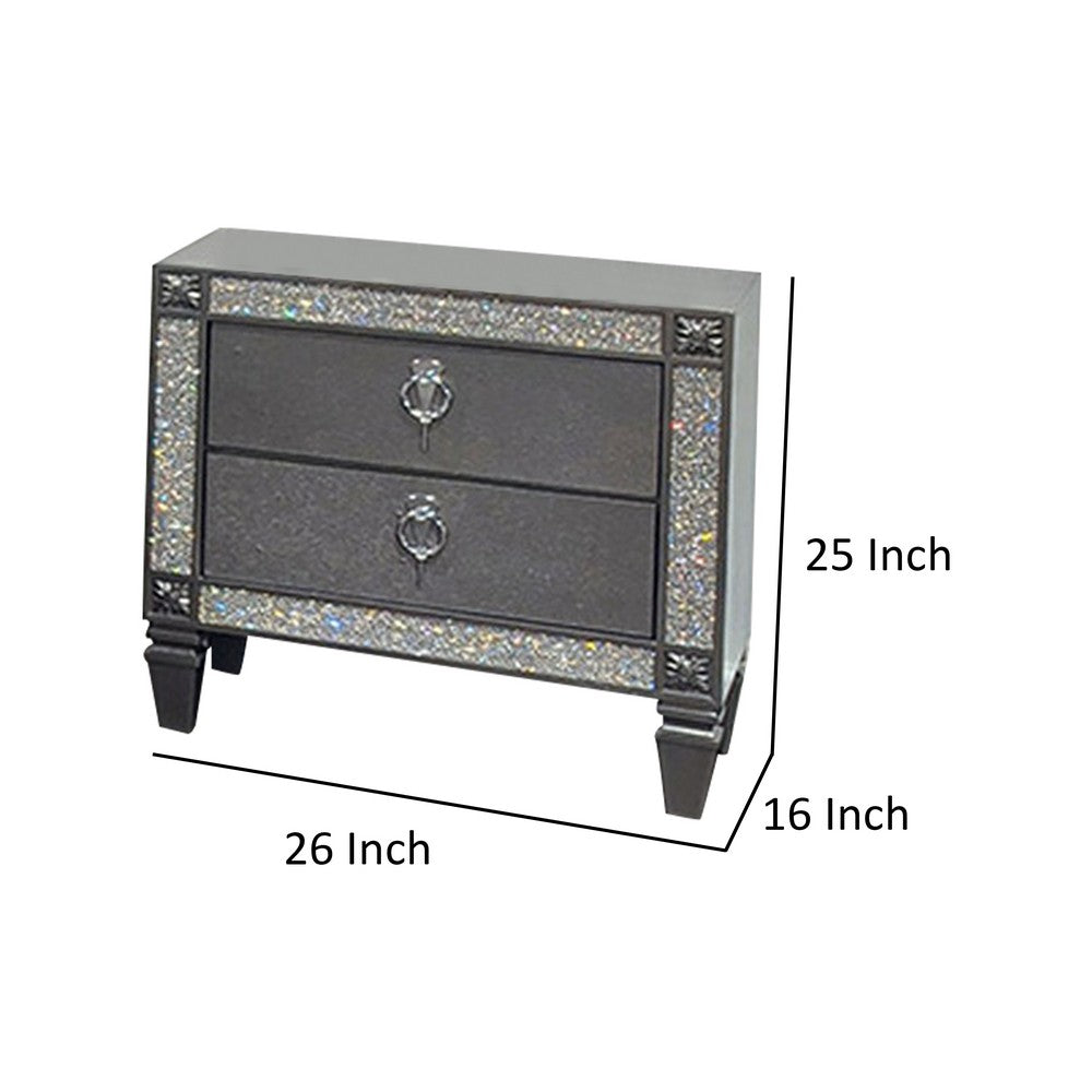 Benjara Laine Nightstand, 2 Drawers, Crystal Like Acrylic Trim, Gray Solid Wood