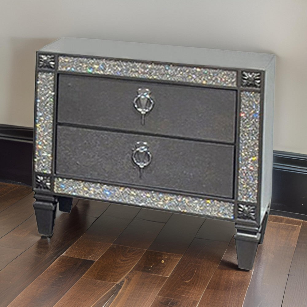 Benjara Laine Nightstand, 2 Drawers, Crystal Like Acrylic Trim, Gray Solid Wood