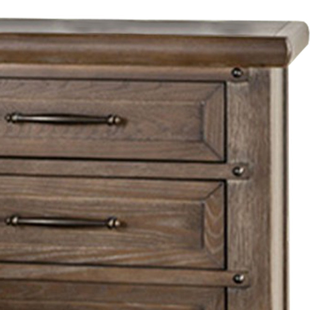 Benjara Merry Nightstand, Spacious Top, 3 Drawers, Metal Handles, Brown Solid Wood