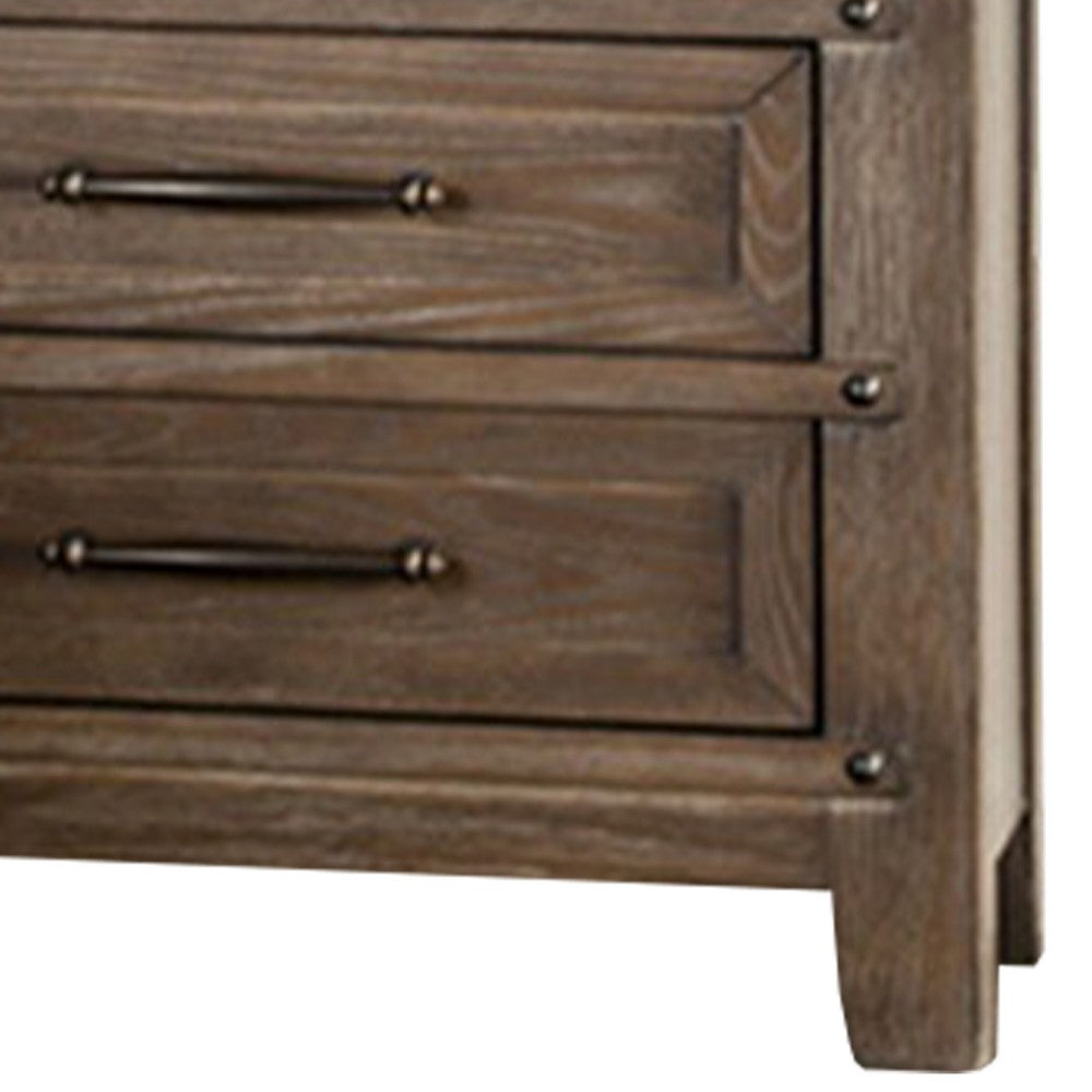 Benjara Merry Nightstand, Spacious Top, 3 Drawers, Metal Handles, Brown Solid Wood