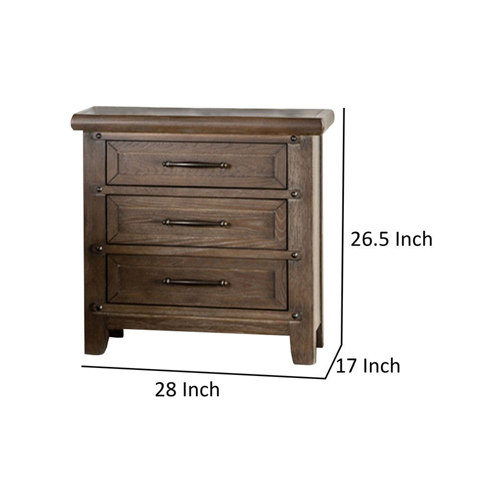Benjara Merry Nightstand, Spacious Top, 3 Drawers, Metal Handles, Brown Solid Wood