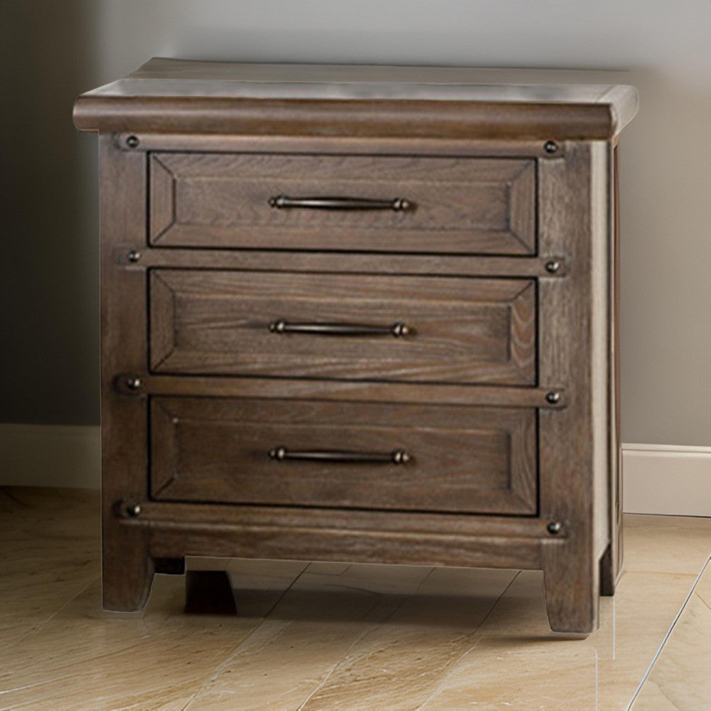 Benjara Merry Nightstand, Spacious Top, 3 Drawers, Metal Handles, Brown Solid Wood
