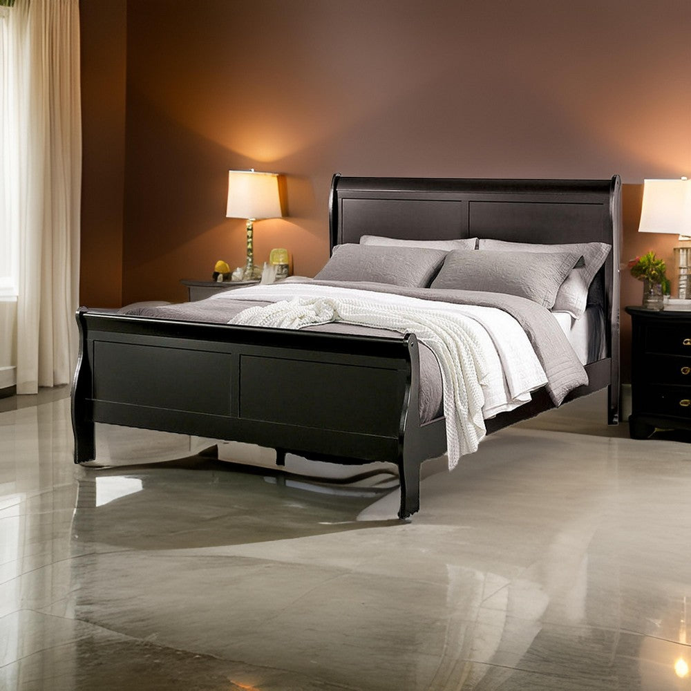 Benjara Ryla Full Size Bed, Sleigh Panel Headboard And Footboard, Black Solid Wood