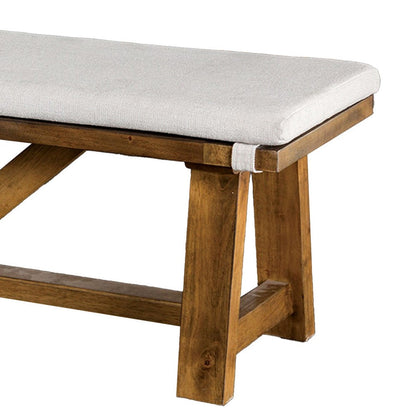 Benjara Jule Dining Bench, Trestle Base, 69 Inch, Brown Wood with Off White Seat