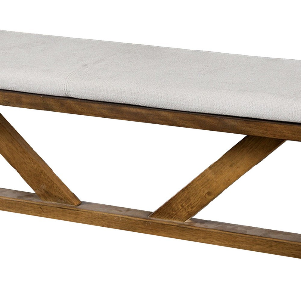 Benjara Jule Dining Bench, Trestle Base, 69 Inch, Brown Wood with Off White Seat