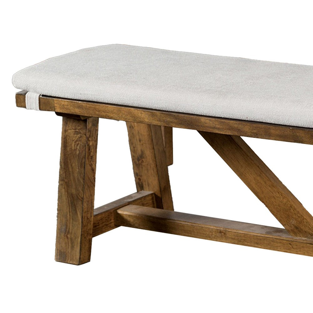 Benjara Jule Dining Bench, Trestle Base, 69 Inch, Brown Wood with Off White Seat