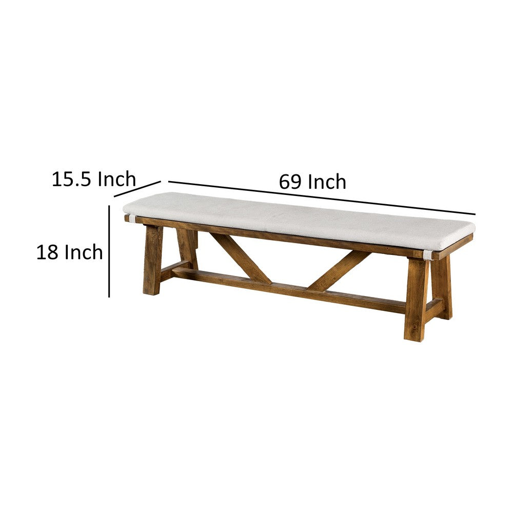 Benjara Jule Dining Bench, Trestle Base, 69 Inch, Brown Wood with Off White Seat