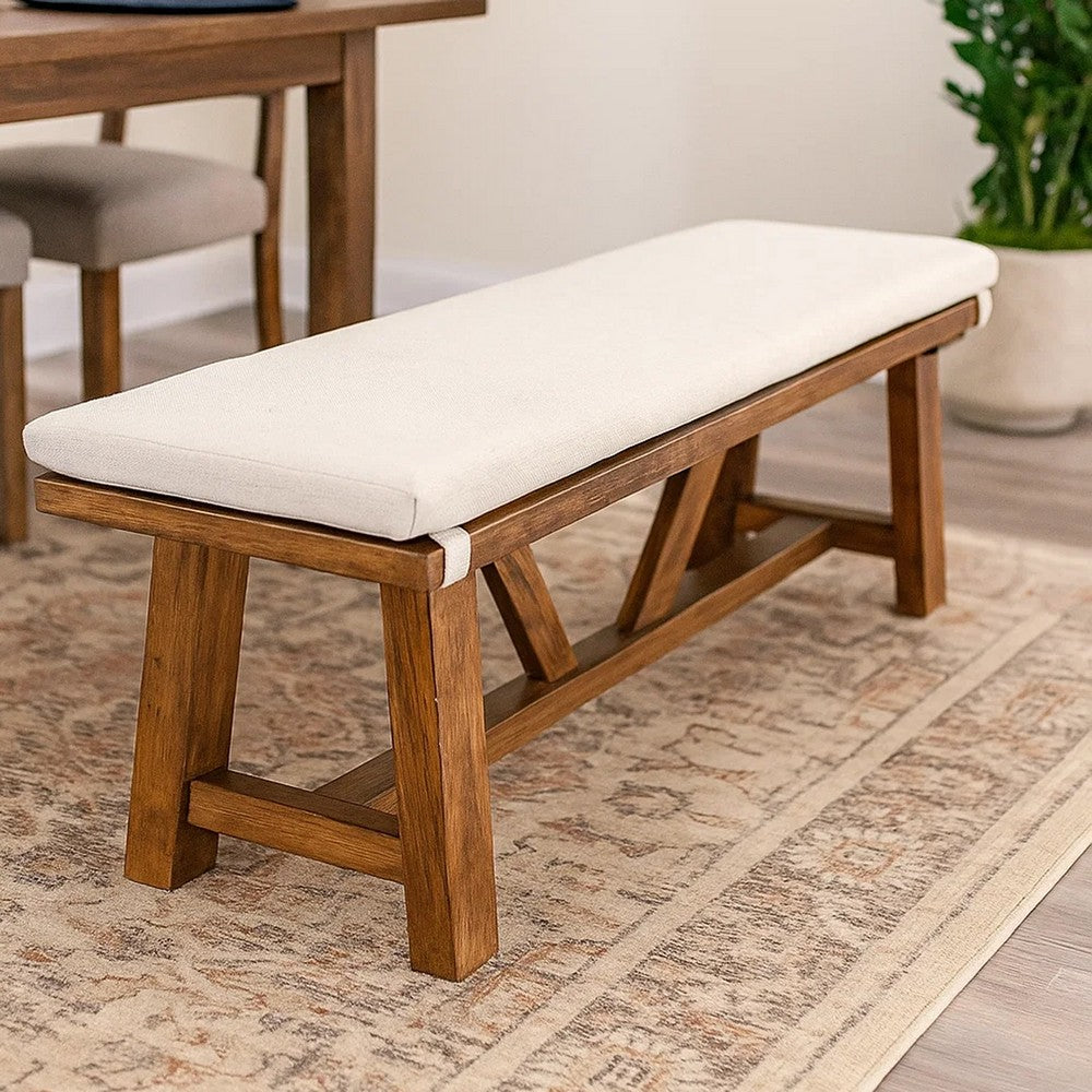 Benjara Jule Dining Bench, Trestle Base, 69 Inch, Brown Wood with Off White Seat