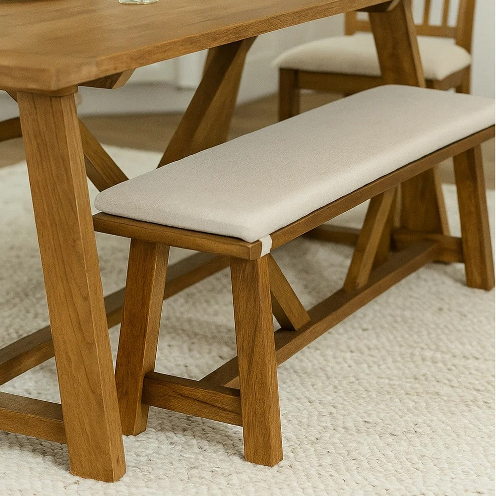 Benjara Jule Dining Bench, Trestle Base, 69 Inch, Brown Wood with Off White Seat