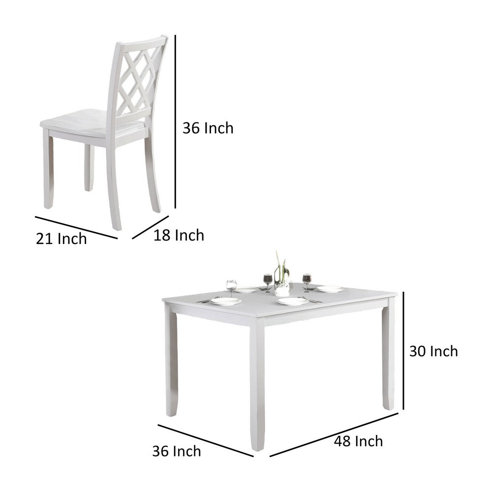 Benjara Ziko 5 Piece Dining Table Set, 4 Crossed Back Chairs, White Solid Wood