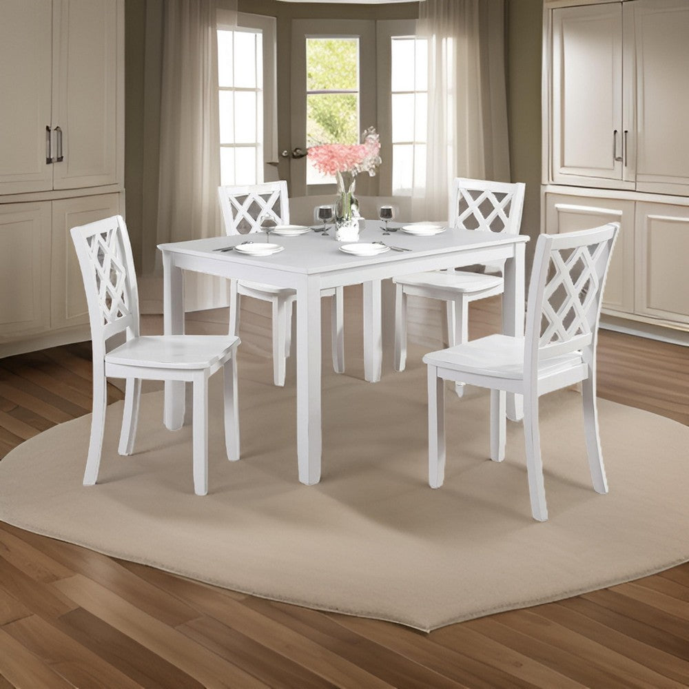 Benjara Ziko 5 Piece Dining Table Set, 4 Crossed Back Chairs, White Solid Wood
