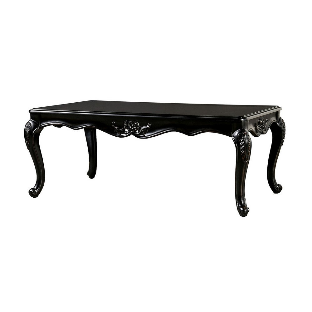 Benjara Roche Coffee Table, 53 Inch, Classical Cabriole Legs, Dark Brown Solid Wood