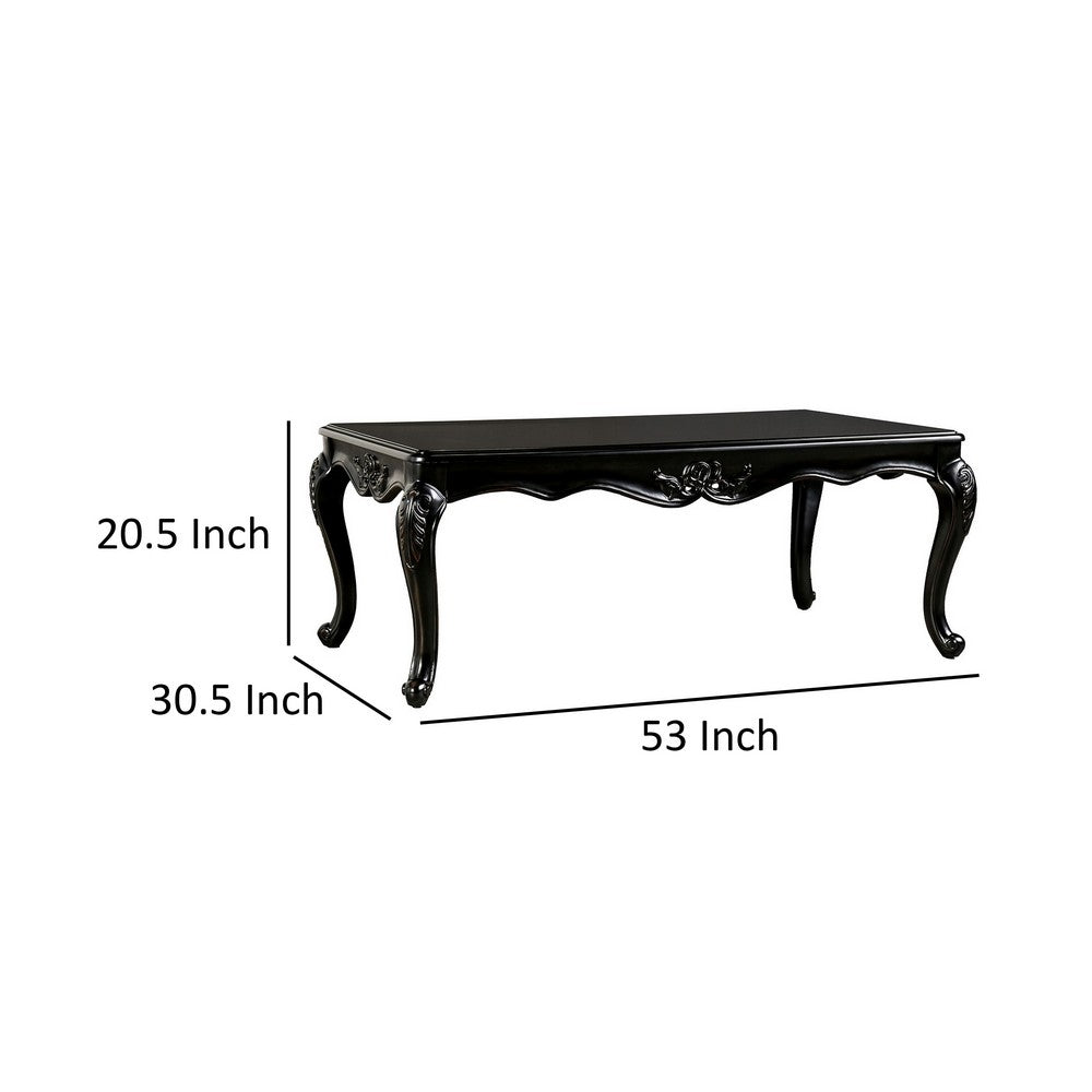 Benjara Roche Coffee Table, 53 Inch, Classical Cabriole Legs, Dark Brown Solid Wood