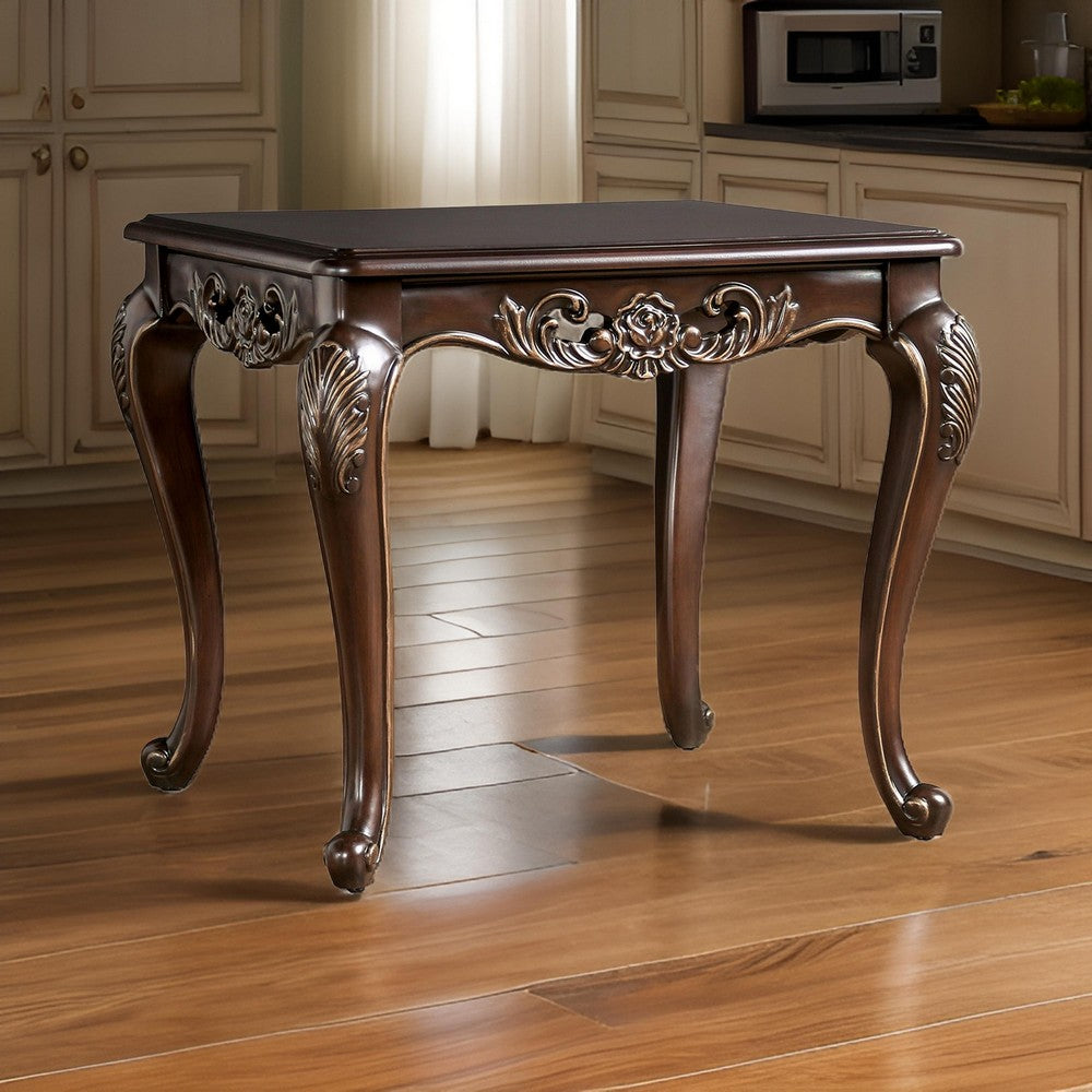 Benjara Halie Side End Table, 28 Inch, Classic Cabriole Legs, Dark Brown Solid Wood