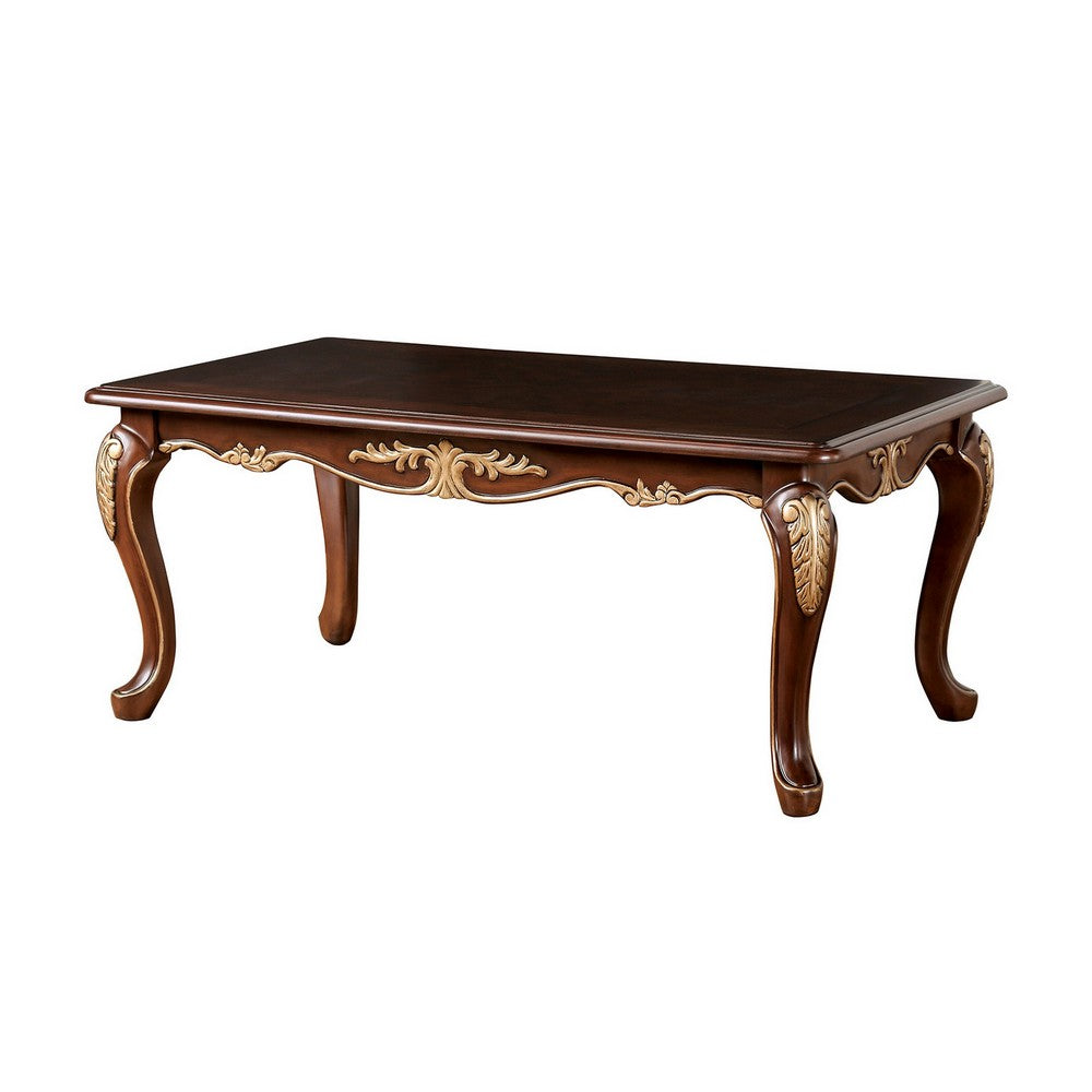 Benjara Saili Coffee Table, Gold Carvings, 48 Inch, Cabriole, Tobacco Brown Wood