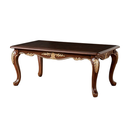 Benjara Saili Coffee Table, Gold Carvings, 48 Inch, Cabriole, Tobacco Brown Wood