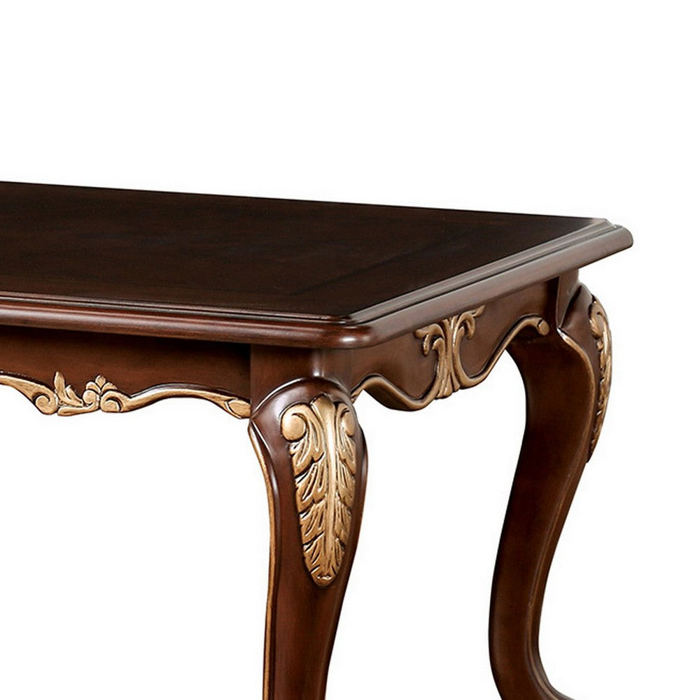 Benjara Saili Coffee Table, Gold Carvings, 48 Inch, Cabriole, Tobacco Brown Wood