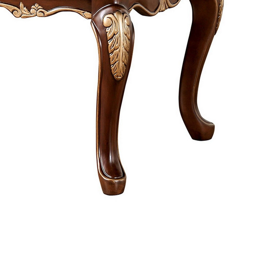 Benjara Saili Coffee Table, Gold Carvings, 48 Inch, Cabriole, Tobacco Brown Wood