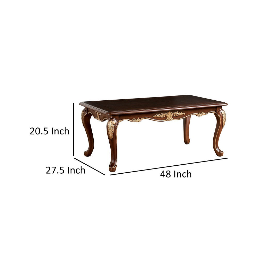 Benjara Saili Coffee Table, Gold Carvings, 48 Inch, Cabriole, Tobacco Brown Wood