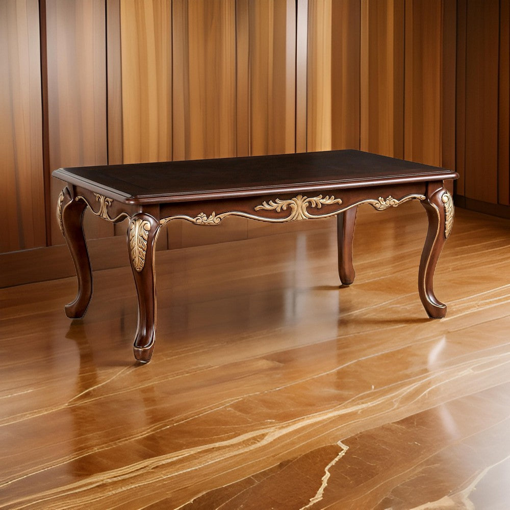 Benjara Saili Coffee Table, Gold Carvings, 48 Inch, Cabriole, Tobacco Brown Wood