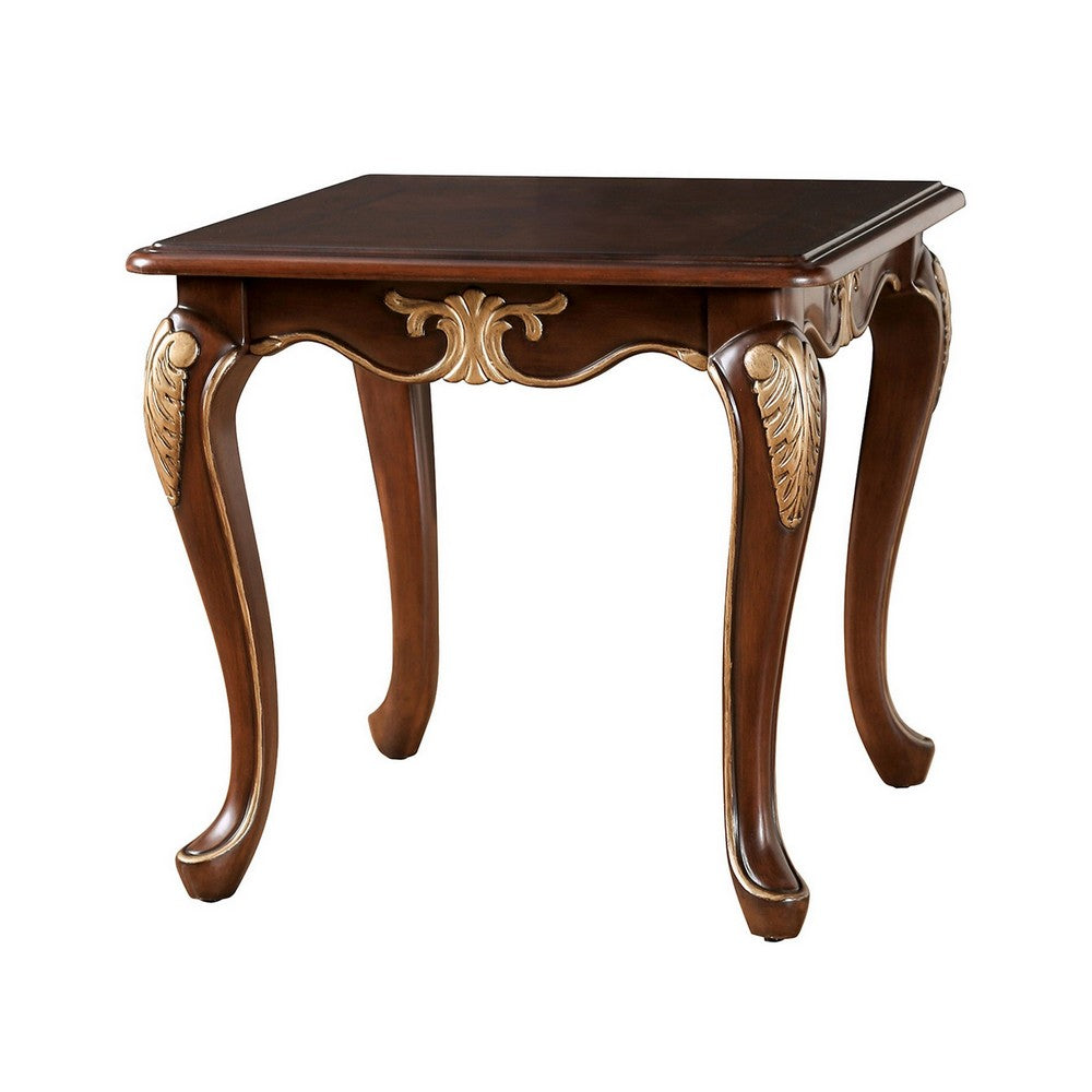 Benjara Saili Side End Table, Gold Carvings, 29 Inch, Cabriole, Tobacco Brown Wood