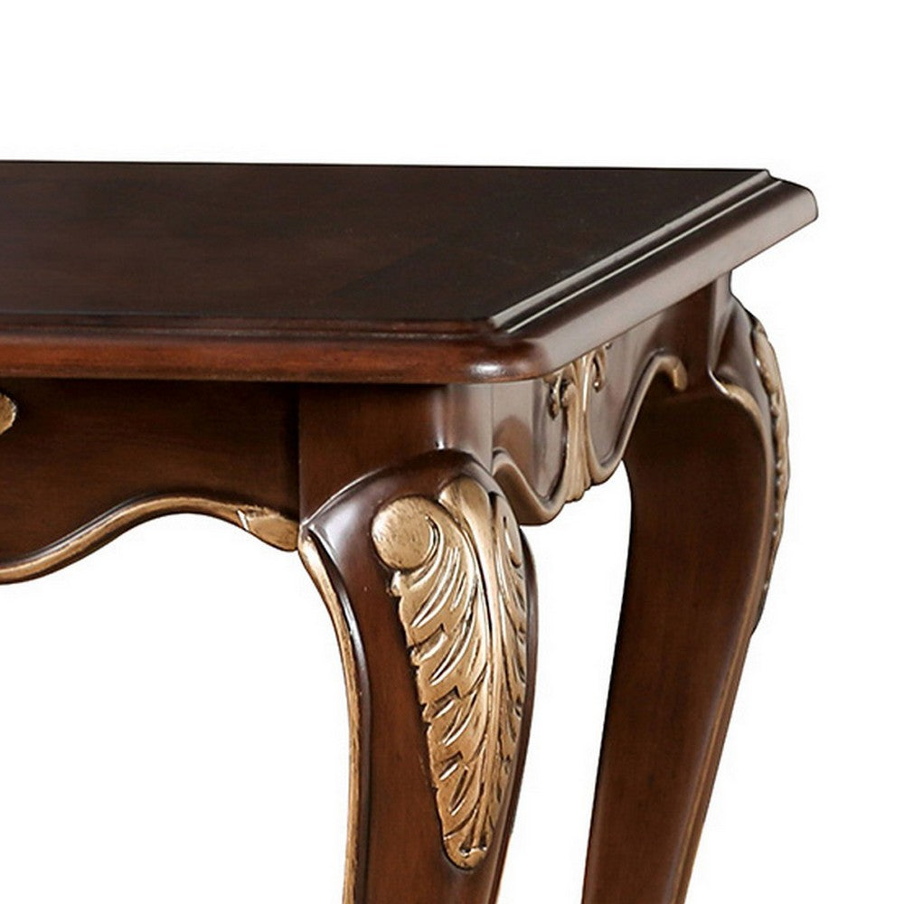 Benjara Saili Side End Table, Gold Carvings, 29 Inch, Cabriole, Tobacco Brown Wood