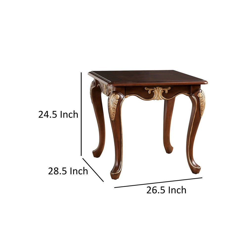 Benjara Saili Side End Table, Gold Carvings, 29 Inch, Cabriole, Tobacco Brown Wood