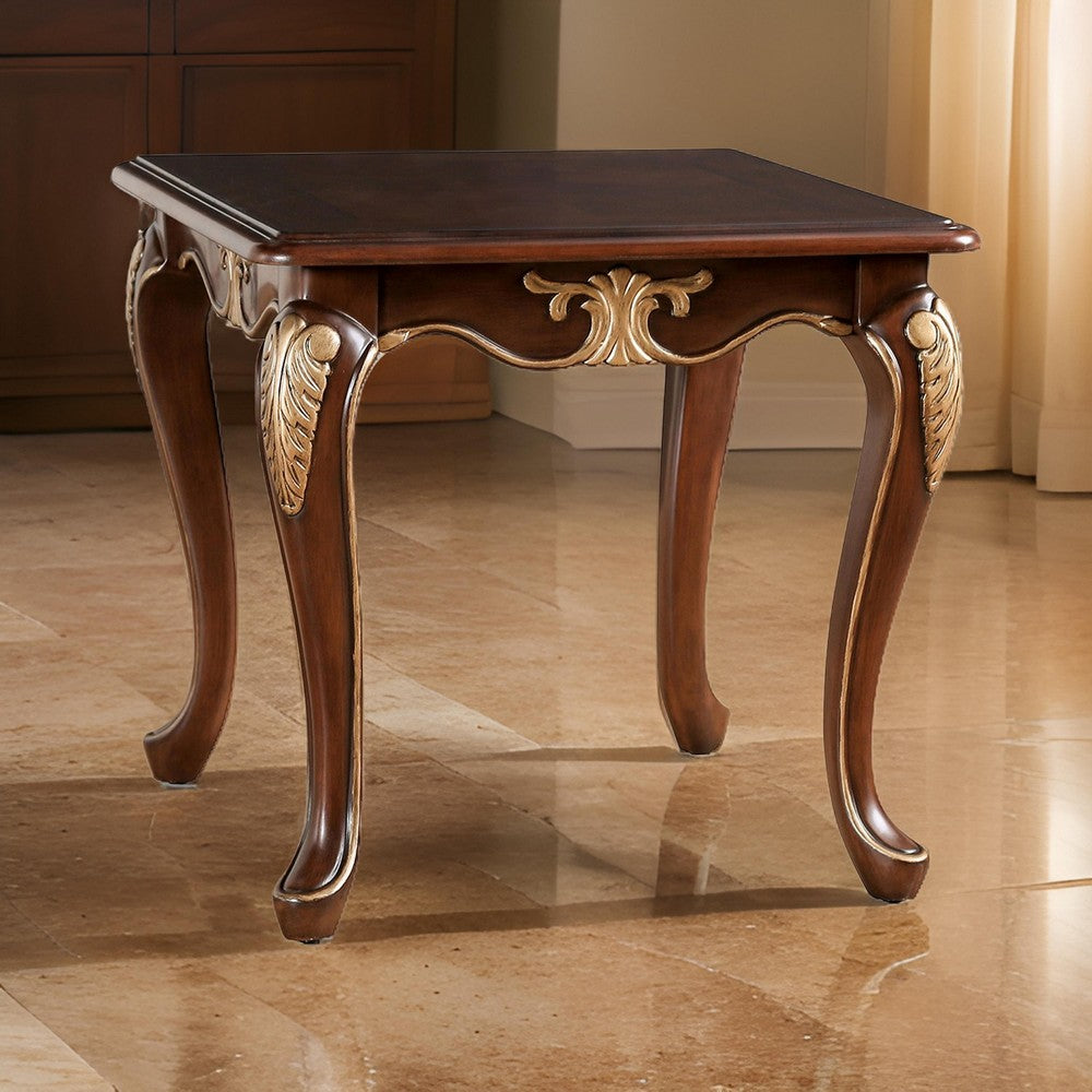 Benjara Saili Side End Table, Gold Carvings, 29 Inch, Cabriole, Tobacco Brown Wood