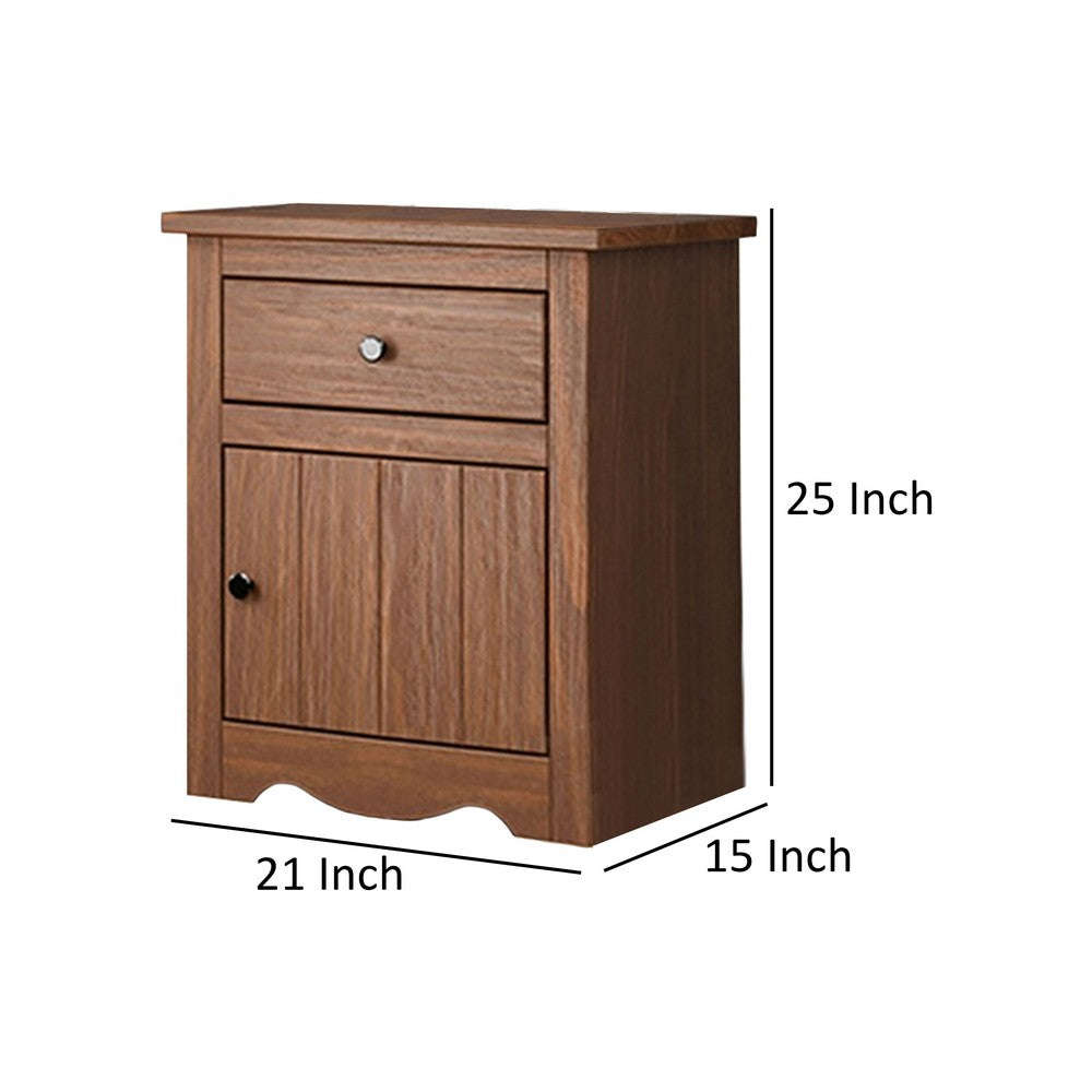 Benjara Stav Nightstand, 1 Drawer And Door, 25 Inch, Plank Style, Brown Solid Wood