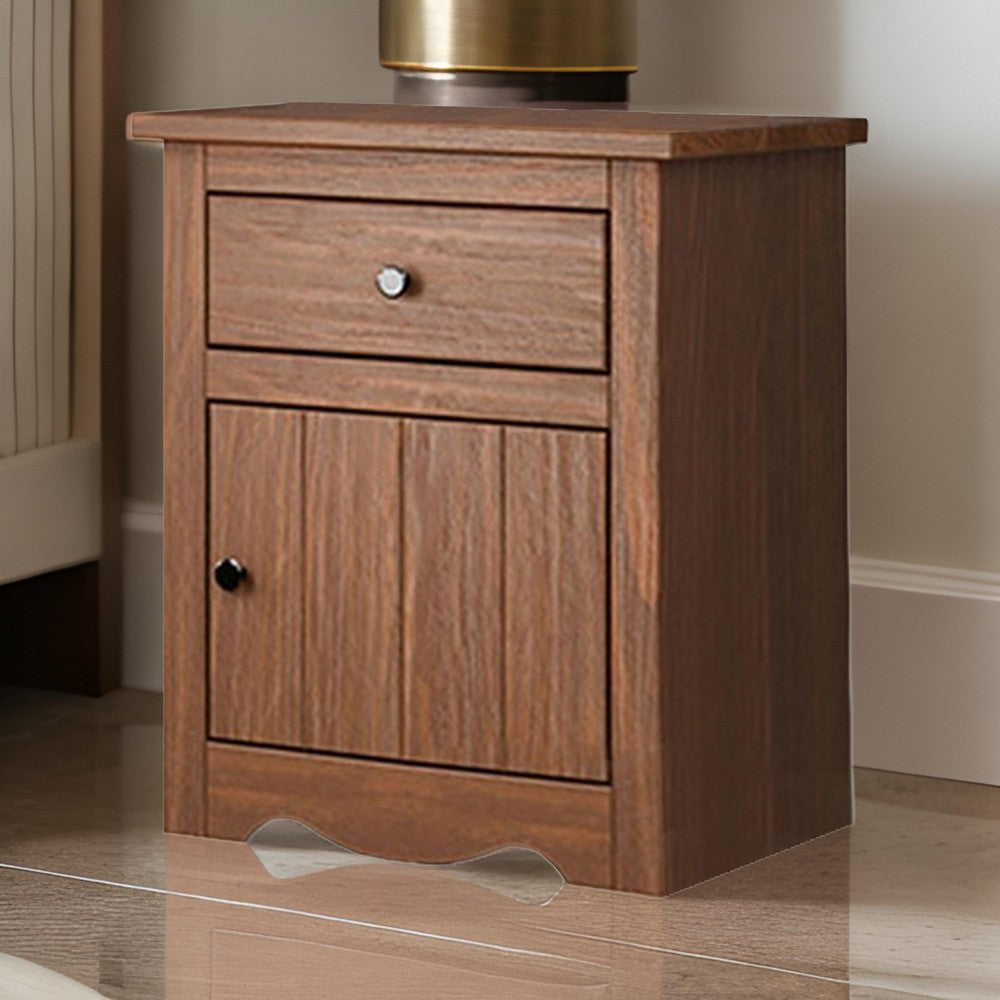 Benjara Stav Nightstand, 1 Drawer And Door, 25 Inch, Plank Style, Brown Solid Wood