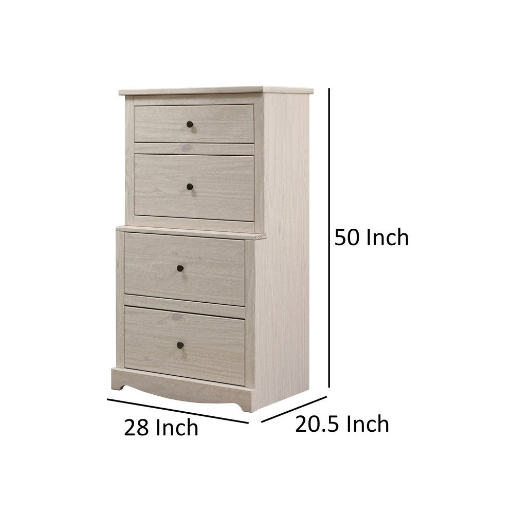 Benjara Stav Tall Dresser Chest with 4 Drawers, Plank Style, White Solid Wood